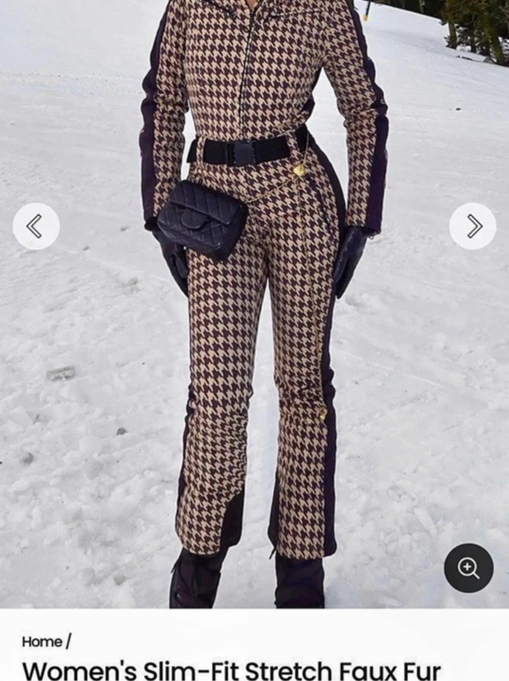 Gsou Snow Slim-Fit Stretch Faux Fur Tan Houndstooth One-Piece Ski Suit Ski Suit